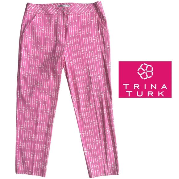 TRINA TURK REGULAR FIT MOSS 2 PANT Cara Cara Herringbone Cotton Candy Pink 8 EUC - Picture 3 of 9